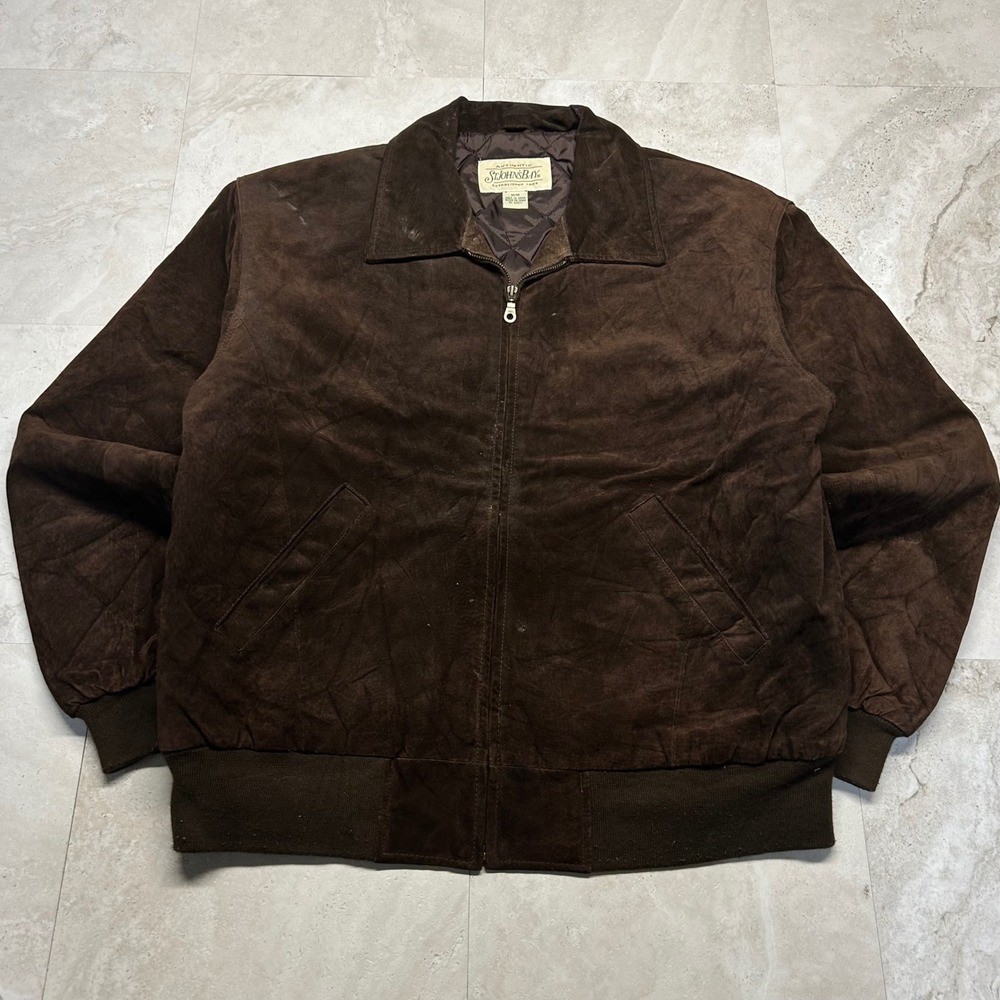 St Johns Bay Suede Leather Bomber Jacket Brown Mens Size Medium Vintage Zip Up